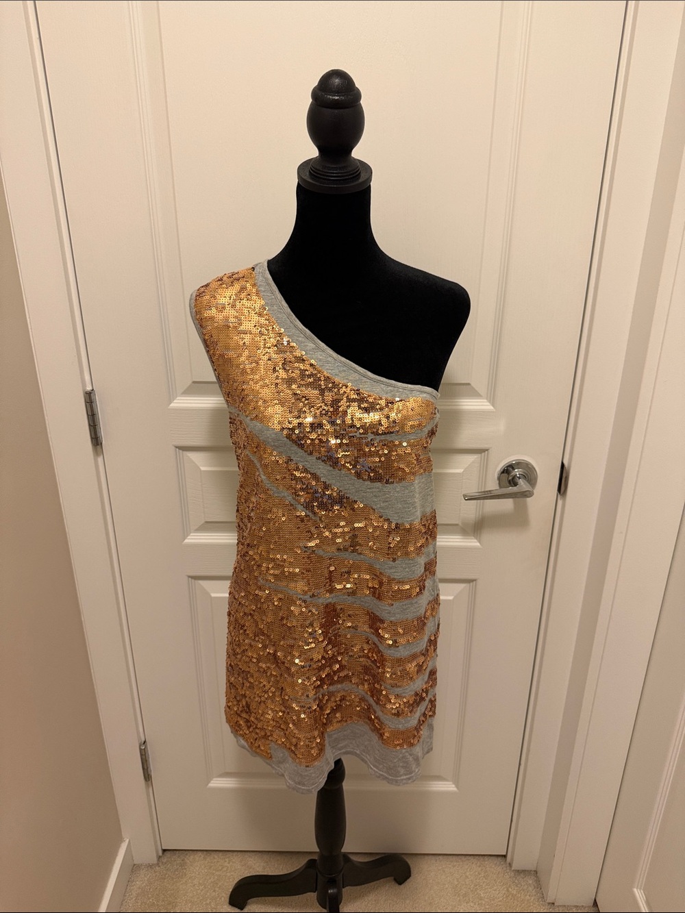 Moda International Gold Sequin One-Shoulder Tank with Silver Stripe Accents